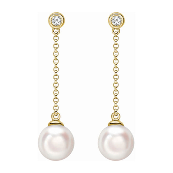 18ct Yellow Gold Akoya Cultured Pearl and Round Brilliant Cut Diamond Drop Earrings