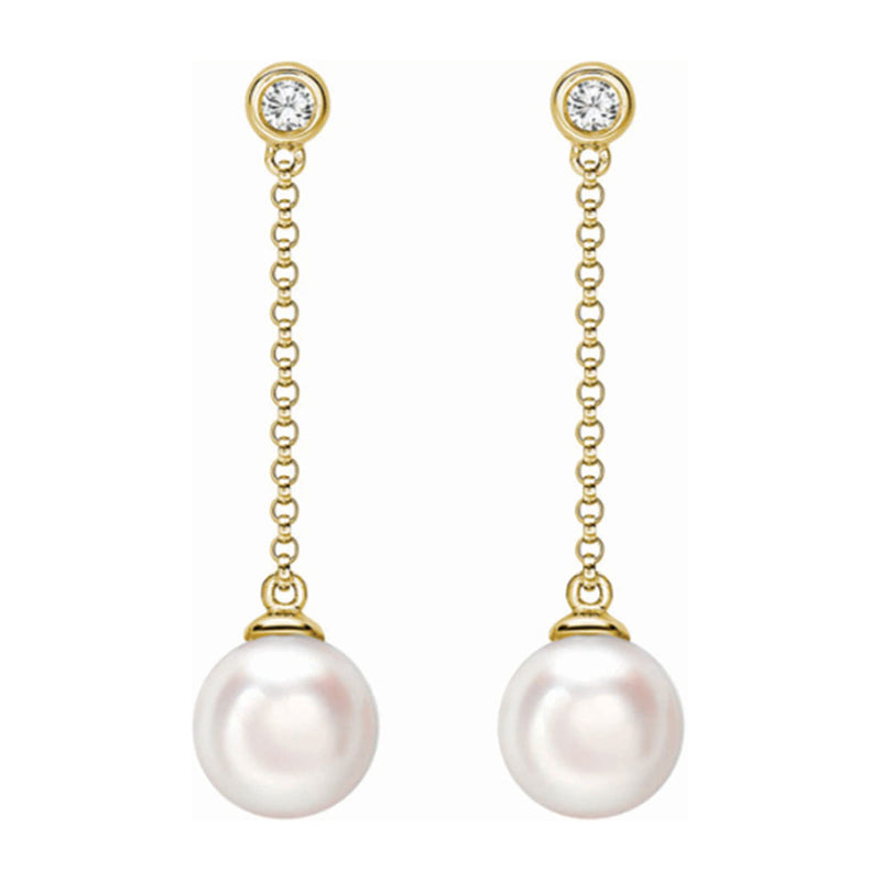 18ct Yellow Gold Akoya Cultured Pearl and Round Brilliant Cut Diamond Drop Earrings