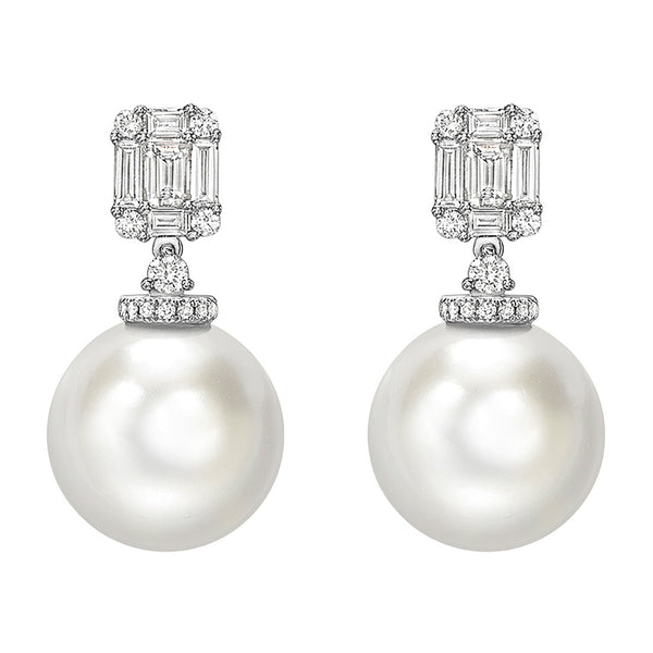 18ct White Gold South Sea Cultured Pearl and Baguette Cut Diamond Drop Earrings