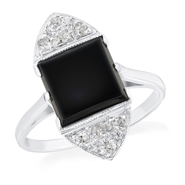 Antique Art Deco Platinum Milgrain Edge Rub Set Onyx and Old Cut Diamond Plaque Ring