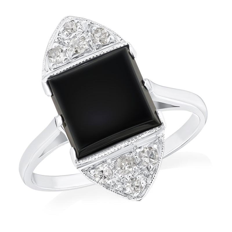 Antique Art Deco Platinum Milgrain Edge Rub Set Onyx and Old Cut Diamond Plaque Ring