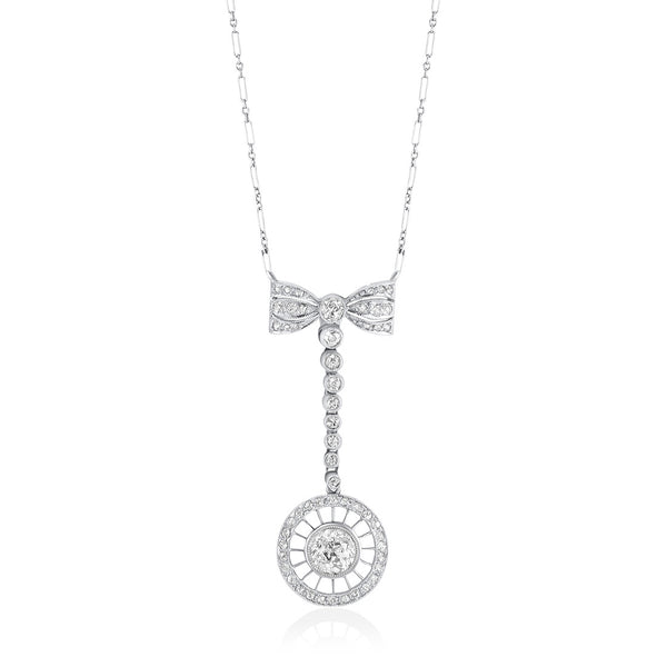 Antique Edwardian Platinum Milgrain Edge Rub Set Old Cut Diamond Bow Drop Pendant and Chain
