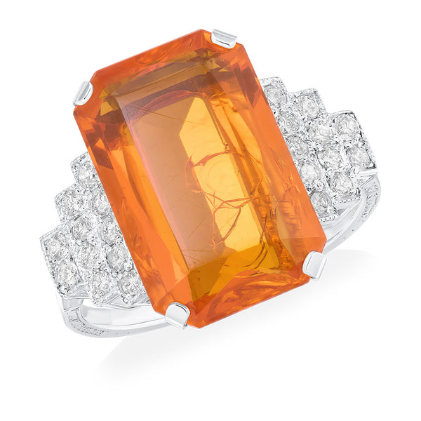 Pre-Owned Platinum Four Claw Set Rectangular Cut Fire Opal and Round Brilliant Cut Diamond Ring