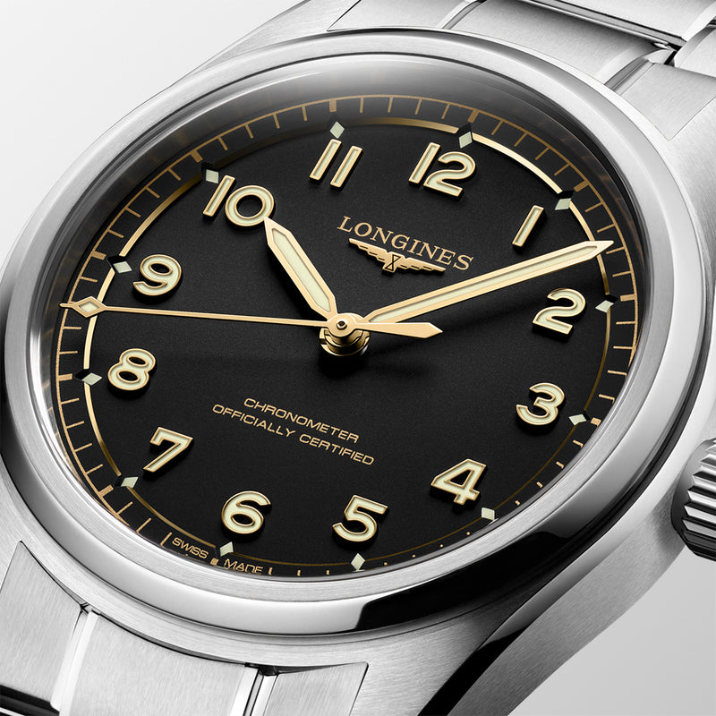 Longines Spirit Pilot Steel 39mm Black Arabic Dial Watch with a Steel Bezel on a Steel Bracelet