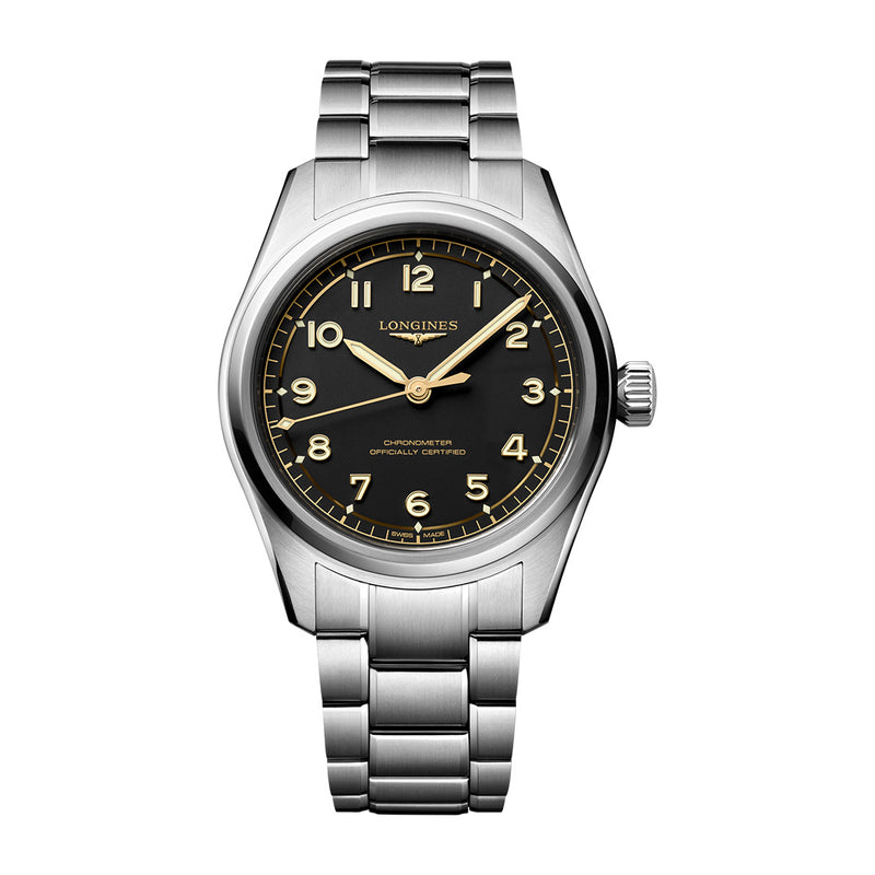 Longines Spirit Pilot Steel 39mm Black Arabic Dial Watch with a Steel Bezel on a Steel Bracelet