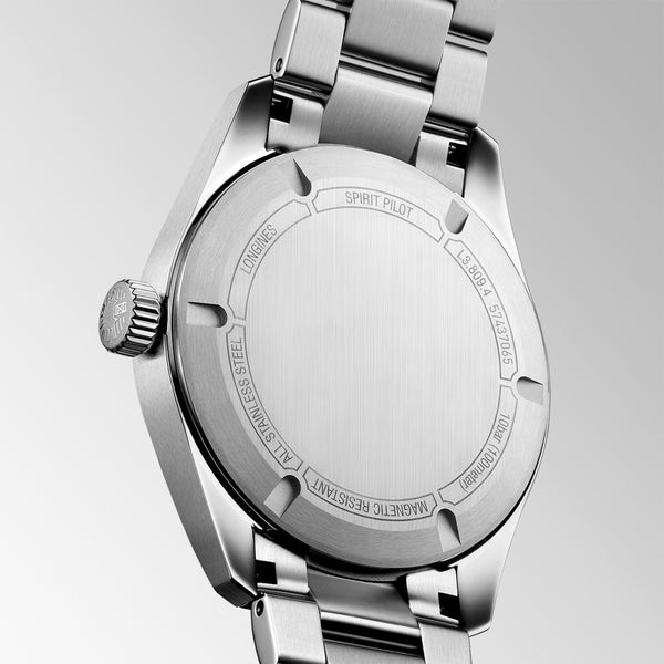 Longines Spirit Pilot Steel 39mm Black Arabic Dial Watch with a Steel Bezel on a Steel Bracelet