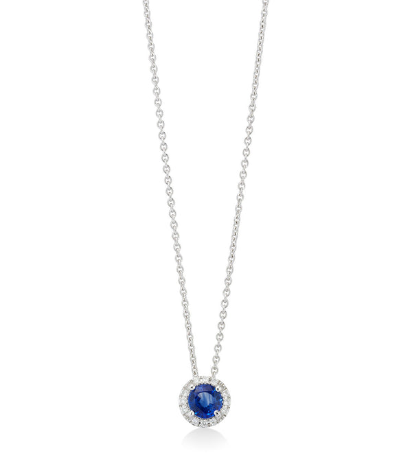 18ct White Gold Four Claw Set Round Cut Sapphire and Diamond Halo Cluster Pendant and Chain