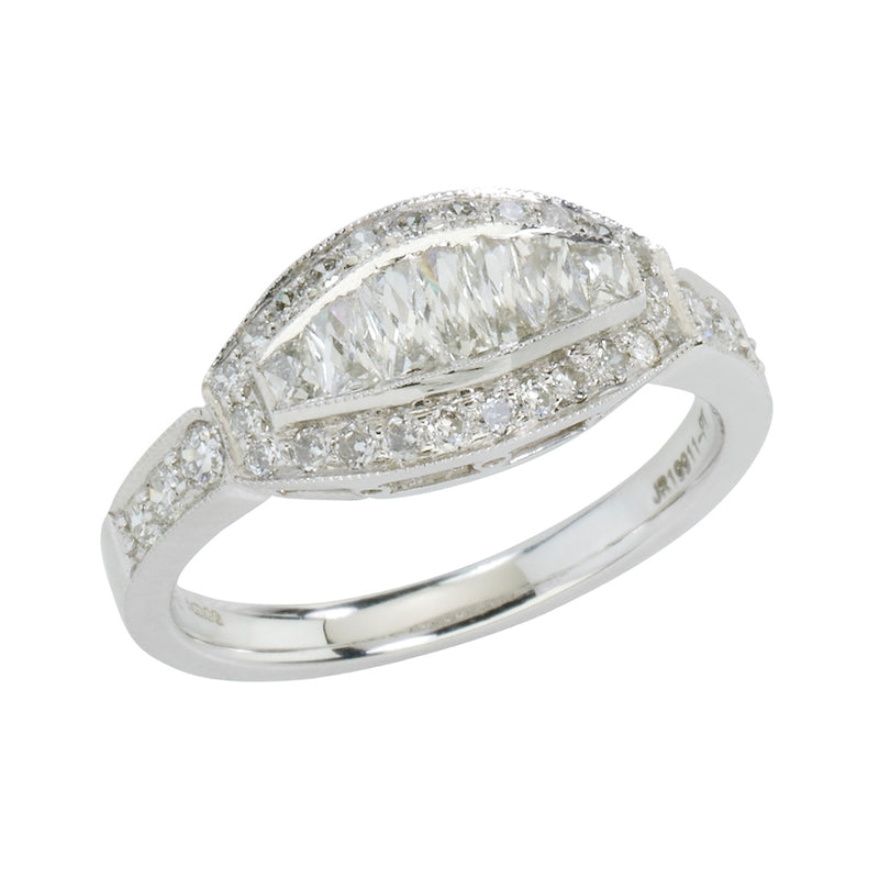 Platinum French and Round Brilliant Cut Diamond Cluster Ring with Diamond Set Shoulders