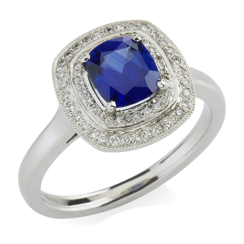 Platinum Cushion Cut Sapphire and Diamond Double Halo Cluster Ring