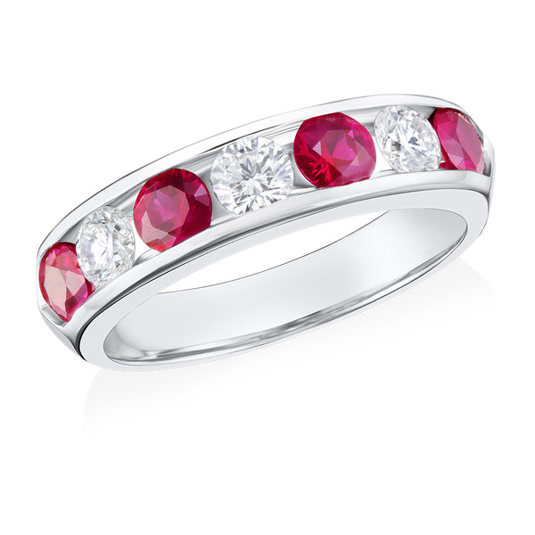 18ct White Gold Channel Set Round Cut Ruby and Round Brilliant Cut Diamond Half Eternity Ring