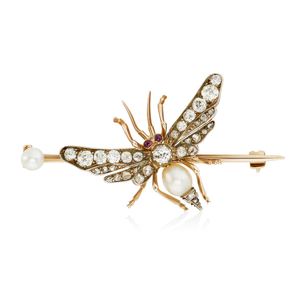 Antique Victorian Yellow Gold Diamond, Pearl and Ruby Insect Brooch