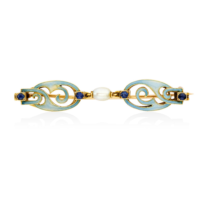 Antique Art Nouveau Yellow Gold Blue Enamel Pearl and Blue Sapphire Brooch