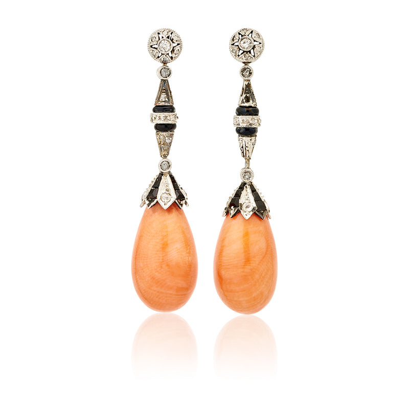 Antique French 18ct Yellow and White Gold Coral, Diamond and Onxy Drop Earrings