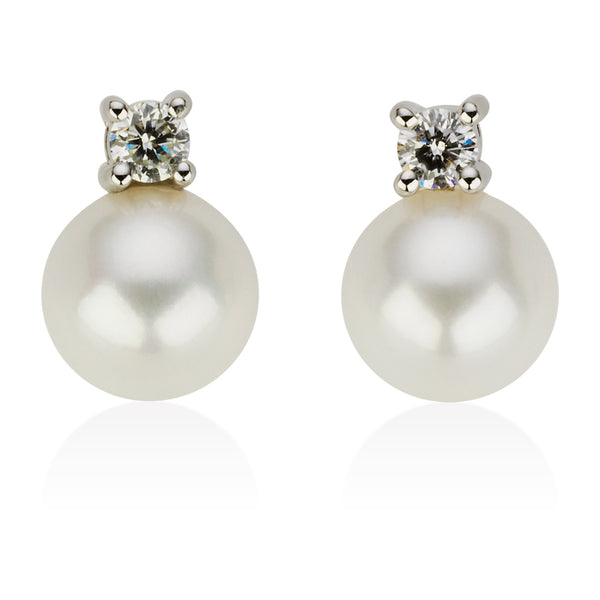18ct White Gold Akoya Cultured Pearl and Round Brilliant Cut Diamond Stud Earrings