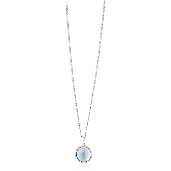 18ct White Gold Cabochon Cut Blue Topaz and Round Brilliant Cut Diamond Halo Cluster Pendant and Chain