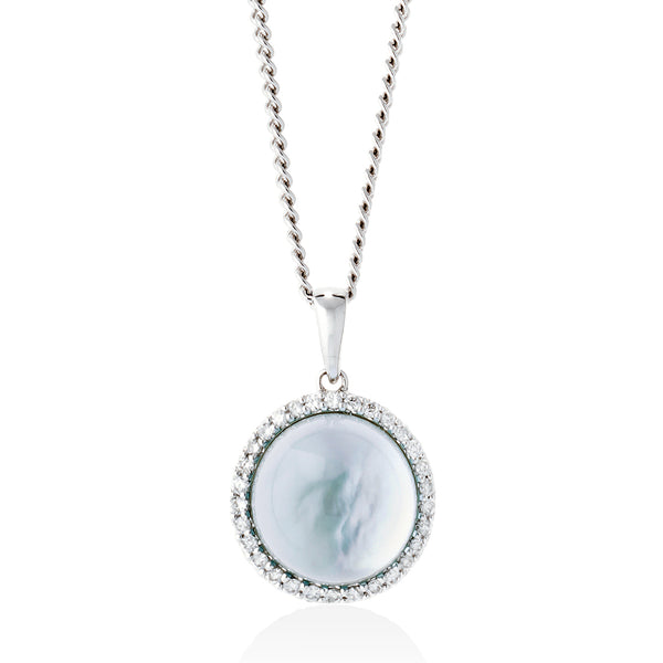 18ct White Gold Cabochon Cut Blue Topaz and Round Brilliant Cut Diamond Halo Cluster Pendant and Chain
