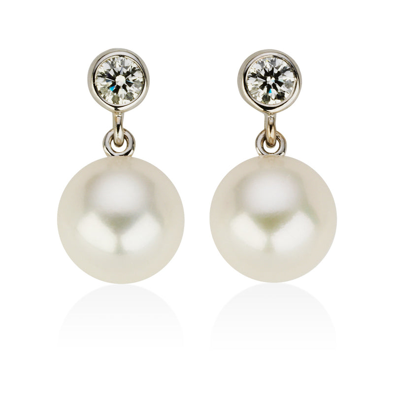 18ct White Gold Akoya Cultured Pearl and Round Brilliant Cut Diamond Drop Earrings