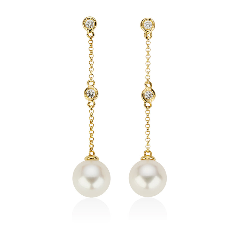18ct Yellow Gold Akoya Cultured Pearl and Round Brilliant Cut Diamond Drop Earrings