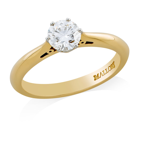 Mallory Elizabeth 18ct Yellow Gold and Platinum Solitaire Six Claw Set Round Brilliant Cut Diamond Ring