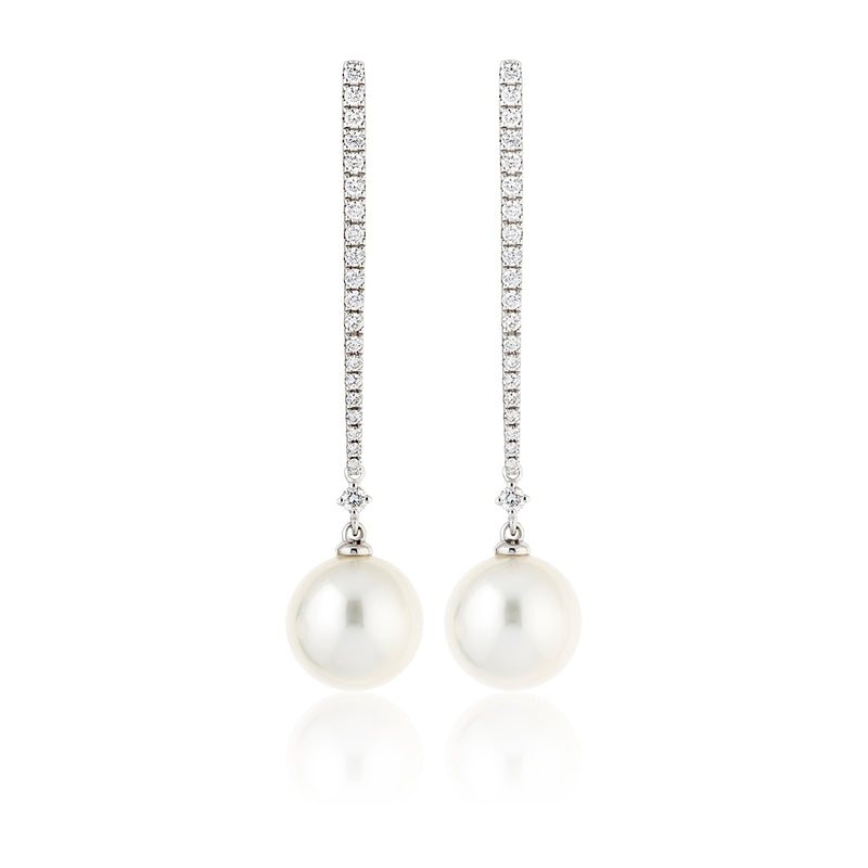18ct White Gold South Sea Cultured Pearl and Round Brilliant Cut Diamond Drop Earrings