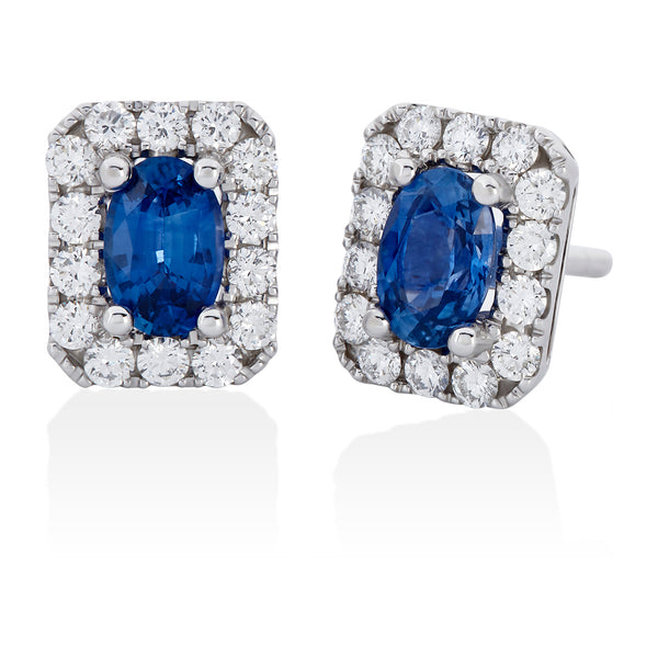 18ct White Gold Oval Cut Sapphire and Round Brilliant Cut Diamond Cluster Stud Earrings