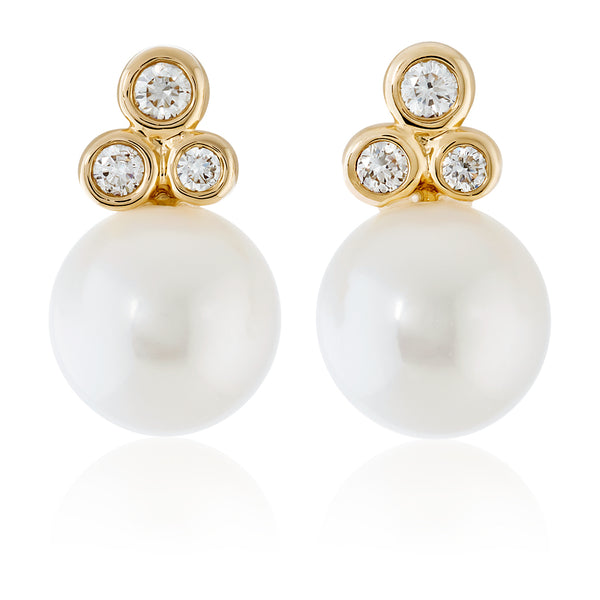 18ct Yellow Gold Akoya Cultured Pearl and Round Brilliant Cut Diamond Earrings