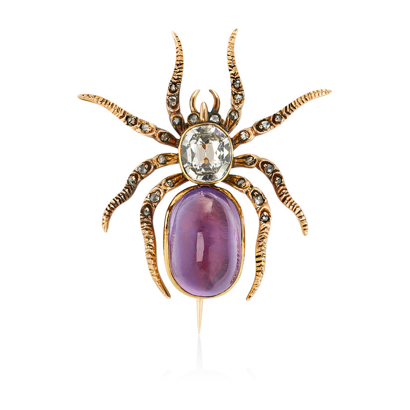 Antique Yellow Gold Cabochon Cut Amethyst and Rose Cut and Diamond White Topaz Spider Brooch