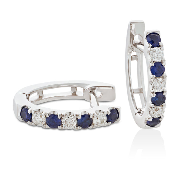 18ct White Gold Grain Set Round Cut Sapphire and Round Brilliant Cut Diamond Hoop Earrings