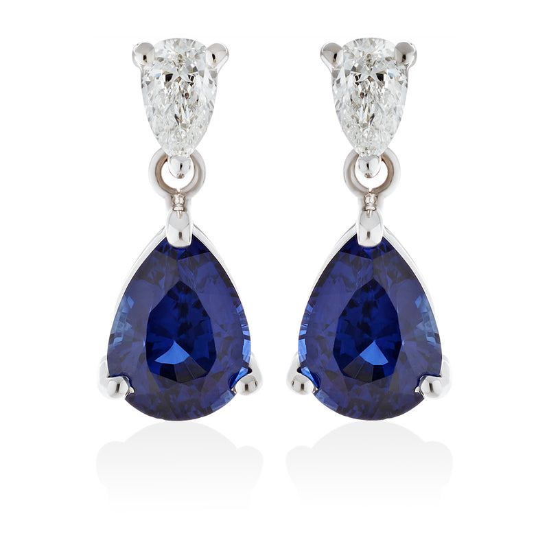 18ct White Gold Three Claw Set Pear Shaped Sapphire and Pear Cut Diamond Drop Earrings