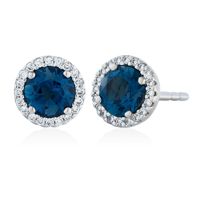 18ct White Gold Four Claw Set Round Cut London Blue Topaz and Round Brilliant Cut Diamond Halo Cluster Stud Earrings