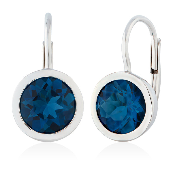 18ct White Gold Rub Set Round Cut London Blue Topaz Drop Earrings