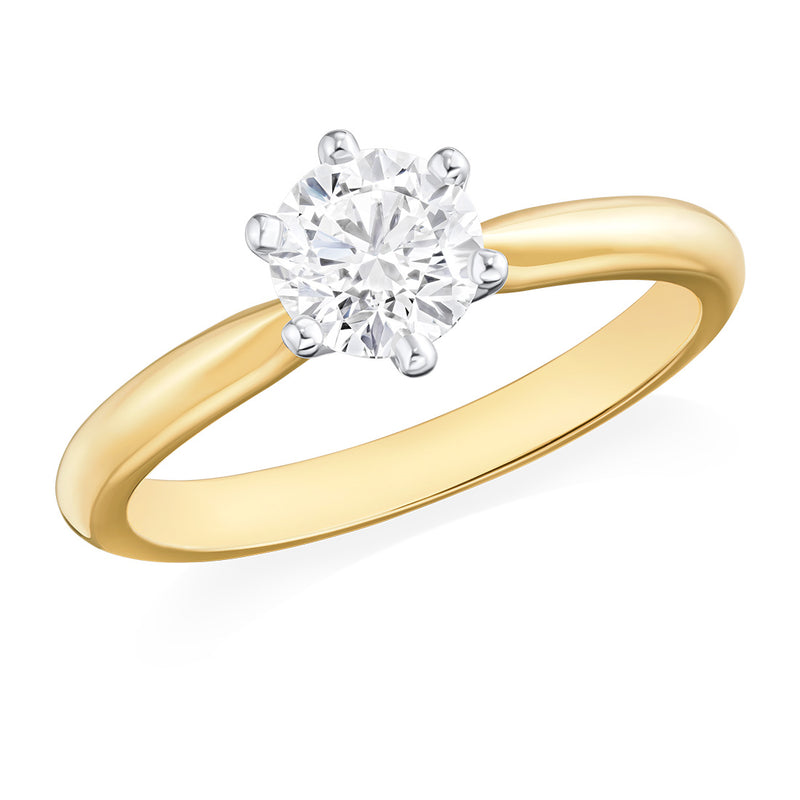 Mallory Venise 18ct Yellow Gold and Platinum Solitaire Six Claw Set Round Brilliant Cut Diamond Ring