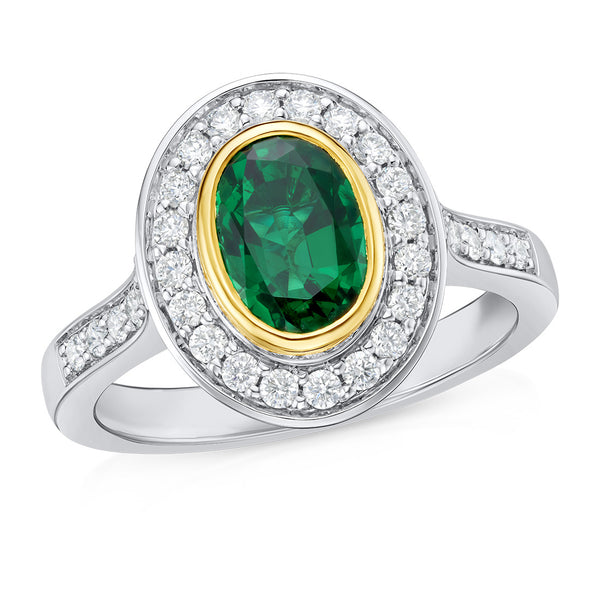 Platinum and 22ct Yellow Gold Rub Set Oval Cut Emerald and Round Brilliant Cut and Diamond Halo Cluster Ring