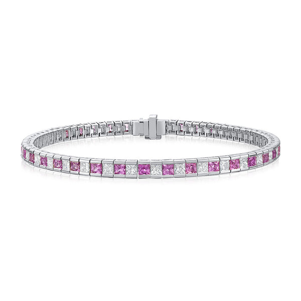 Platinum Channel Set Princess Cut Pink Sapphire and Princess Cut Diamond Line Bracelet