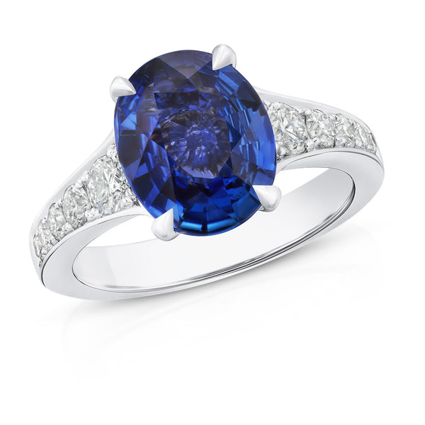 Mallory Platinum Solitaire Four Claw Set Oval Cut Sapphire Ring