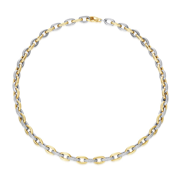 18ct Yellow and White Gold Grain Set Round Brilliant Cut Diamond Oval Link Necklace