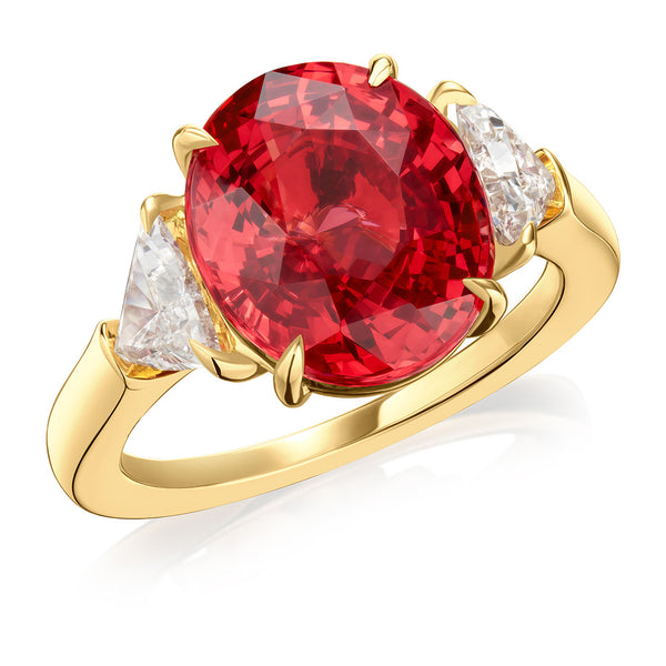 18ct Rose Gold Four Claw Set Oval Cut Natural Red Spinel and Trilliant Cut Diamond Three Stone Ring