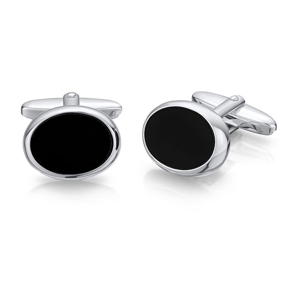 Sterling Silver Onyx Plain Oval Cufflinks with a Swivel Bar Fitting