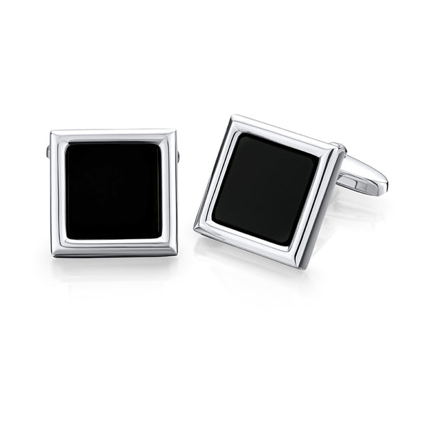 Sterling Silver Onyx Plain Square Cufflinks with a Swivel Bar Fitting