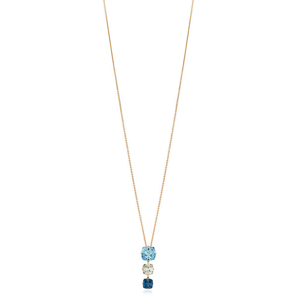 18ct Rose Gold Multi-Faceted Cut Blue Topaz and Multi-Faceted Cut Green Amethyst and London Blue Topaz Drop Pendant and Chain