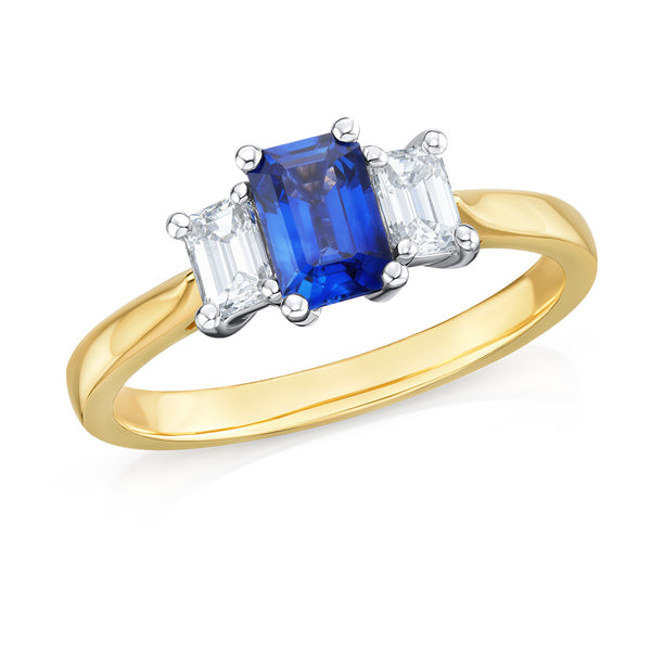 18ct Yellow and White Gold Three Stone Four Claw Set Emerald Cut Sapphire and Emerald Cut Diamond Ring