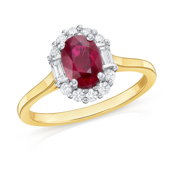 18ct Yellow Gold and Platinum Four Claw Set Oval Cut Ruby and Diamond Halo Cluster Ring