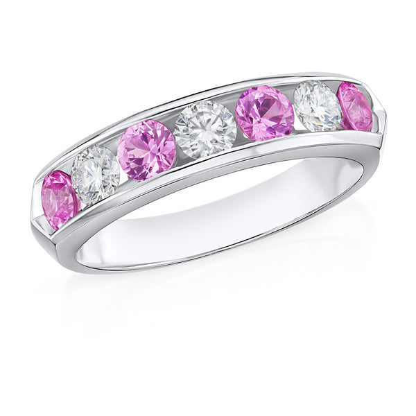 Platinum Channel Set Round Cut Pink Sapphire and Round Brilliant Cut Diamond Half Eternity Ring