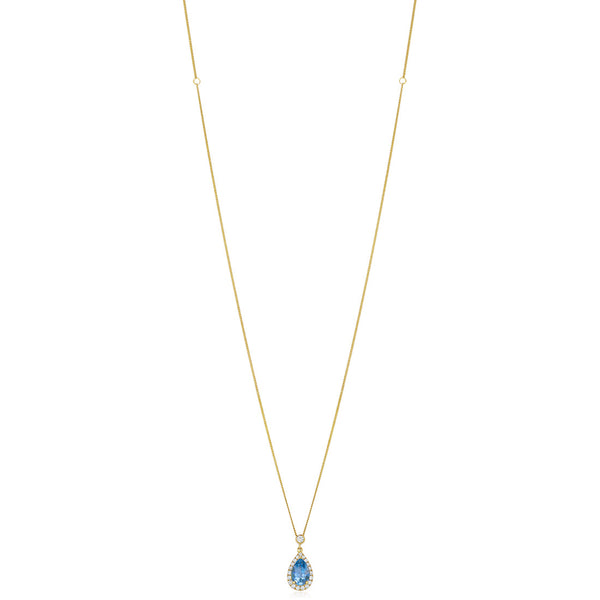 18ct Yellow Gold Three Claw Set Pear Shaped Aquamarine and Round Brilliant Cut Diamond Halo Cluster Pendant and Chain