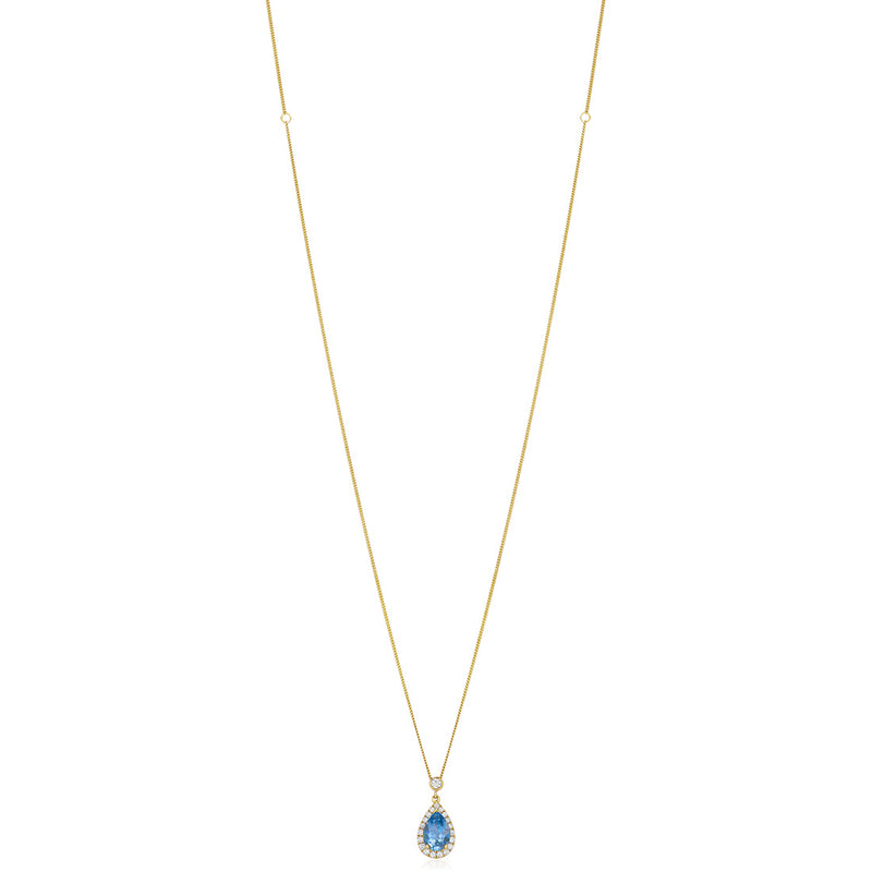 18ct Yellow Gold Three Claw Set Pear Shaped Aquamarine and Round Brilliant Cut Diamond Halo Cluster Pendant and Chain