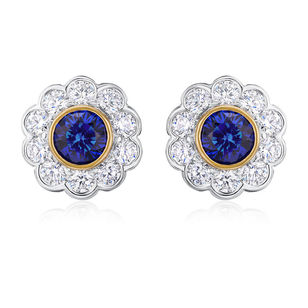 18ct White and Yellow Gold Rub Set Round Cut Sapphire and Diamond Cluster Stud Earrings
