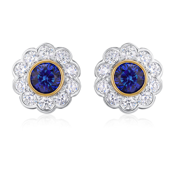 18ct White and Yellow Gold Rub Set Round Cut Sapphire and Diamond Cluster Stud Earrings