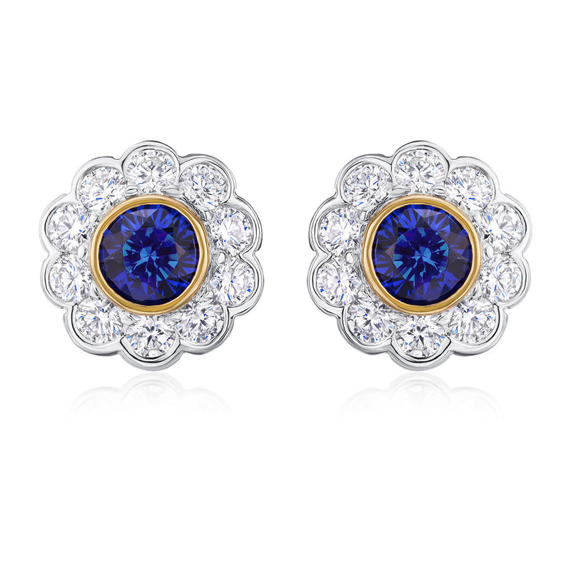 18ct White and Yellow Gold Rub Set Round Cut Sapphire and Diamond Cluster Stud Earrings