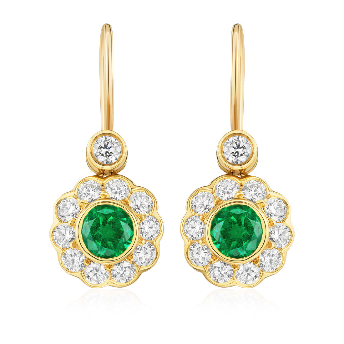 18ct Yellow Gold Rub Set Round Cut Emerald and Round Brilliant Cut Dia ...