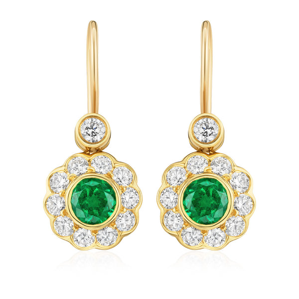 18ct Yellow Gold Rub Set Round Cut Emerald and Round Brilliant Cut Diamond Drop Earrings